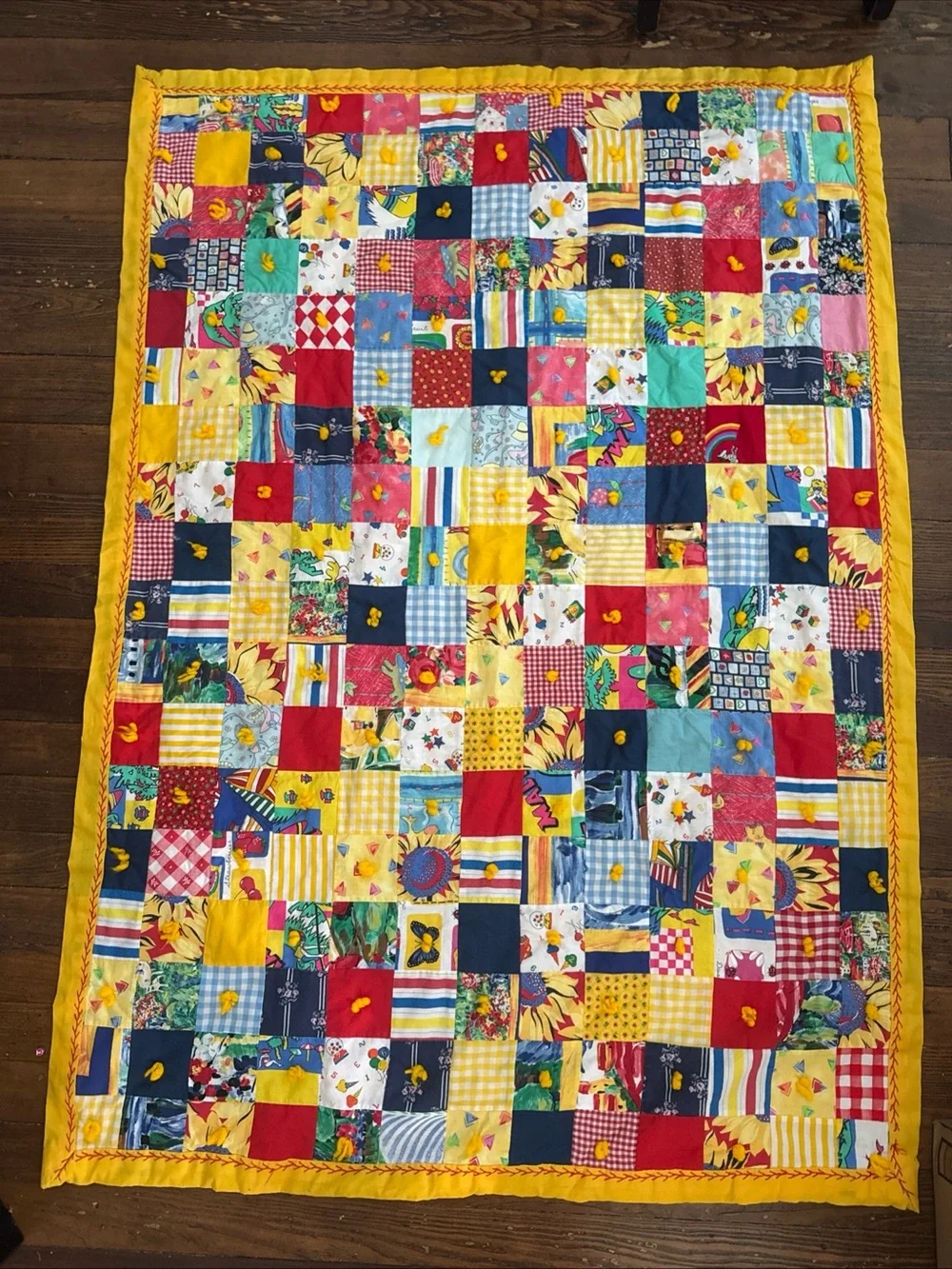 Vintage Handmade Crazy Quilt Baby Blanket 40x54 80s 90s Retro Bright Abstract
